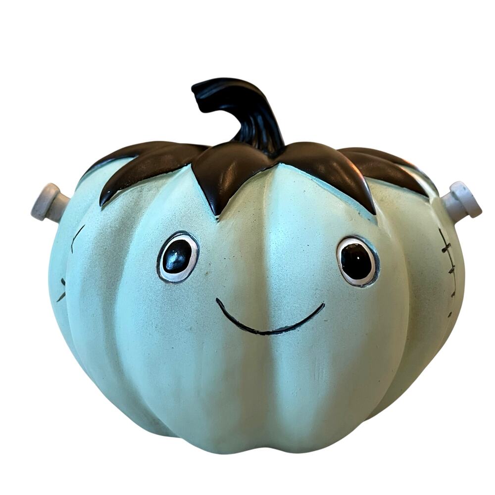 Friendly Frankenstein Pumpkin 9x7 Halloween Resin Table Decor Green & Black NEW